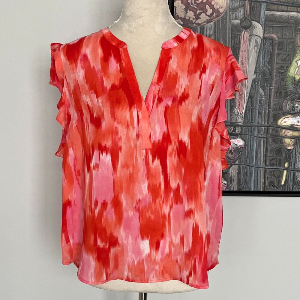 Calvin Klein Orange/Pink/White Split Neck Flutter Sleeve Top L